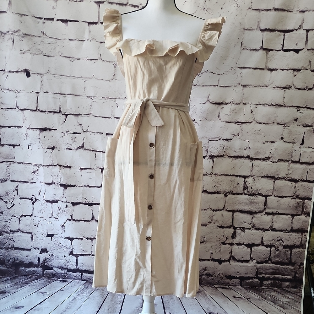 CupShe Beige Smocked Ruffle Midi Dress - Sz S belted dress - EUC! - Picture 4 of 13